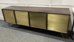 1 x Vintage Mid-century 4-Door Wooden Credenza Sideboard Cabinet with Brass Coloured Frontage -