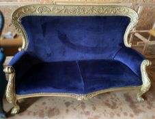 1 x Luxurious Period-style Sofa Upholstered in Royal Blue Velvet with an Ornate Gilt Wooden