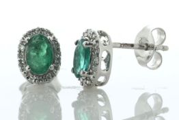 14ct White Gold Oval Cut Emerald And Diamond Stud Earring 0.10 Carats