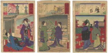 Hiroshige III, Beauty, Snow, Set of 3 Antique Prints
