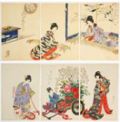 Chikanobu, Set of 2 Triptychs, Koto, Hanaguruma
