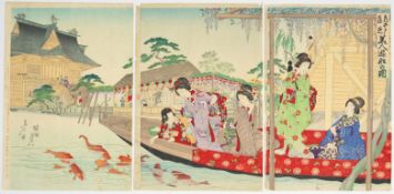 Chikanobu, Beauties on a Boat, Koi Fish, Bijin-ga
