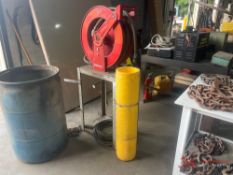 METAL TABLE W/REELCRAFT D83075 HOSE REEL & HOSE