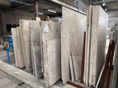 Approximately 220 Various Sheets of Limestone, Quartz, Granite & Marble w/ racks