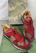 Pre-Owned Valentino Rockstud Sneakers Red / Khaki / Black Suede EU 37 UK 4