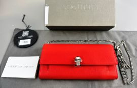 Pre-Owned Alexander McQueen Continental Skull Wallet w/ Chain - Red Calfskin Leather