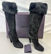 Pre-Owned Prada Fur Trim Calf Boots 100mm Black Suede EU 37 UK 4