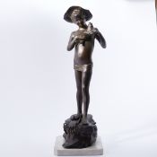 Giovanni de MartinoNaples 1870 - 1935 - Boy with fish and crab - bronze. Brown patina. Marble. H.