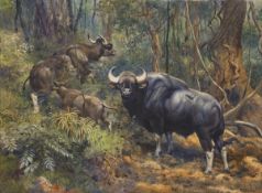 Fritz Laube1914 Berlin - 1993 Bad Harzburg - Buffalo in the forest (India) - oil on canvas. 60 x