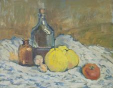 Minna Köhler-Roeber1883 Reichenbach - 1957 Friesen - Still life with fruit and bottles - Oil on