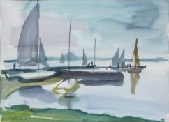 Gerd Kadzik1929 Mannheim - Sailboats on the jetty - Watercolor/paper. 44 x 61 cm (mat cut-out). 72 x