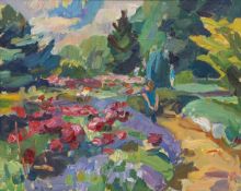 Meike Lipp1955 Hamburg - lives and works in Hamburg - Park landscape with flowers - oil on canvas.