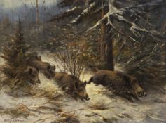 Willi Lorenz1901 Cologne - 1981 Cologne - Wild boars - oil on canvas. 60 x 80 cm. Signed lower left: