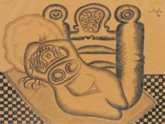 Arnold Leissler1939 Hanover - 2014 - Woman on divan - (1970) Colored chalk/brownish paper. 45.8 x 61