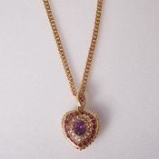 Großer Herzanhänger/ -Medaillon mit Rubinen und Diamanten an Goldkette
