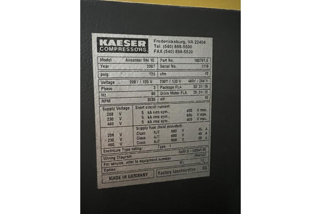 2007 Kaeser Sigma SM10 AirCenter Air Compressor, 10HP, CFM 42, PSIG 125 Note: Must be removed last - Image 6 of 7
