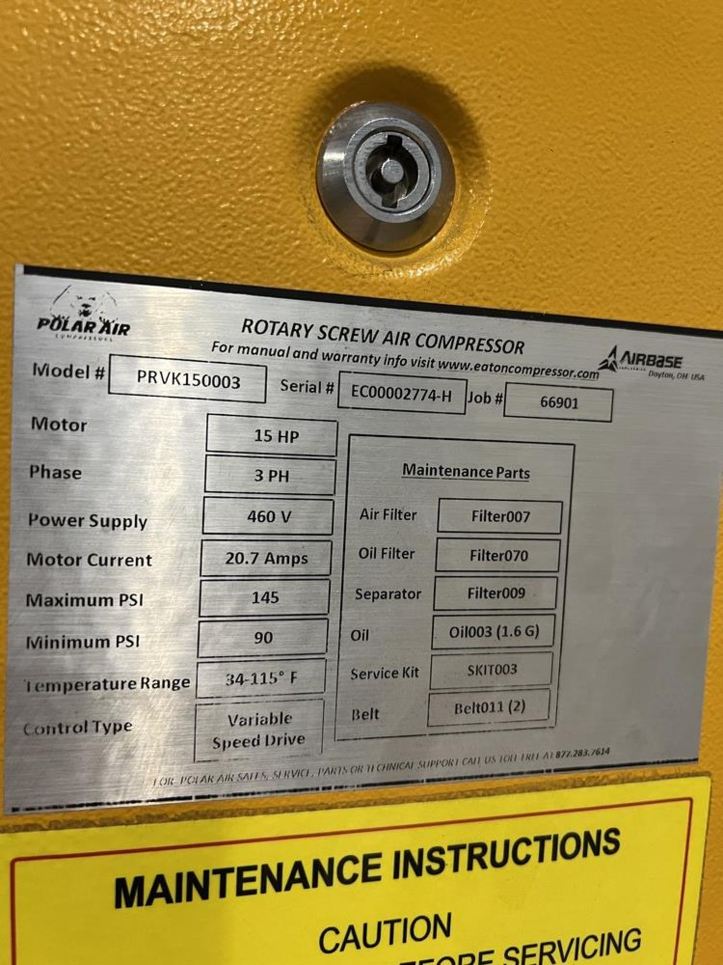 Eaton Compressor Model ERVK 150003 15 HP, 3 Phase, 460V, Variable Speed Drive With Eaton - Image 4 of 9