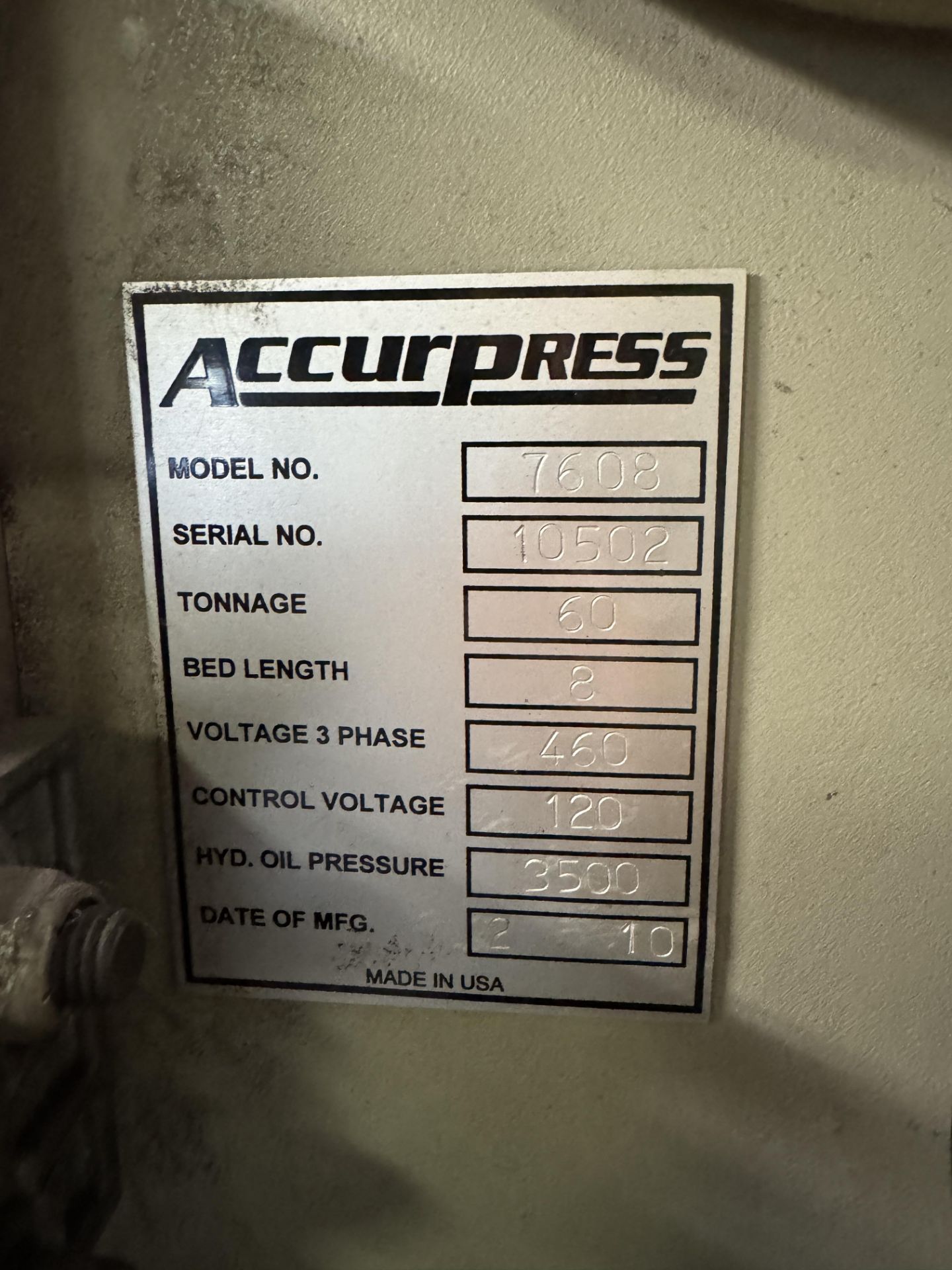 2010 Accurpress 7608, ETS 3000 Control W/ Premium Backgauge, Bend Speed Control, S/N 10502 - Image 10 of 10