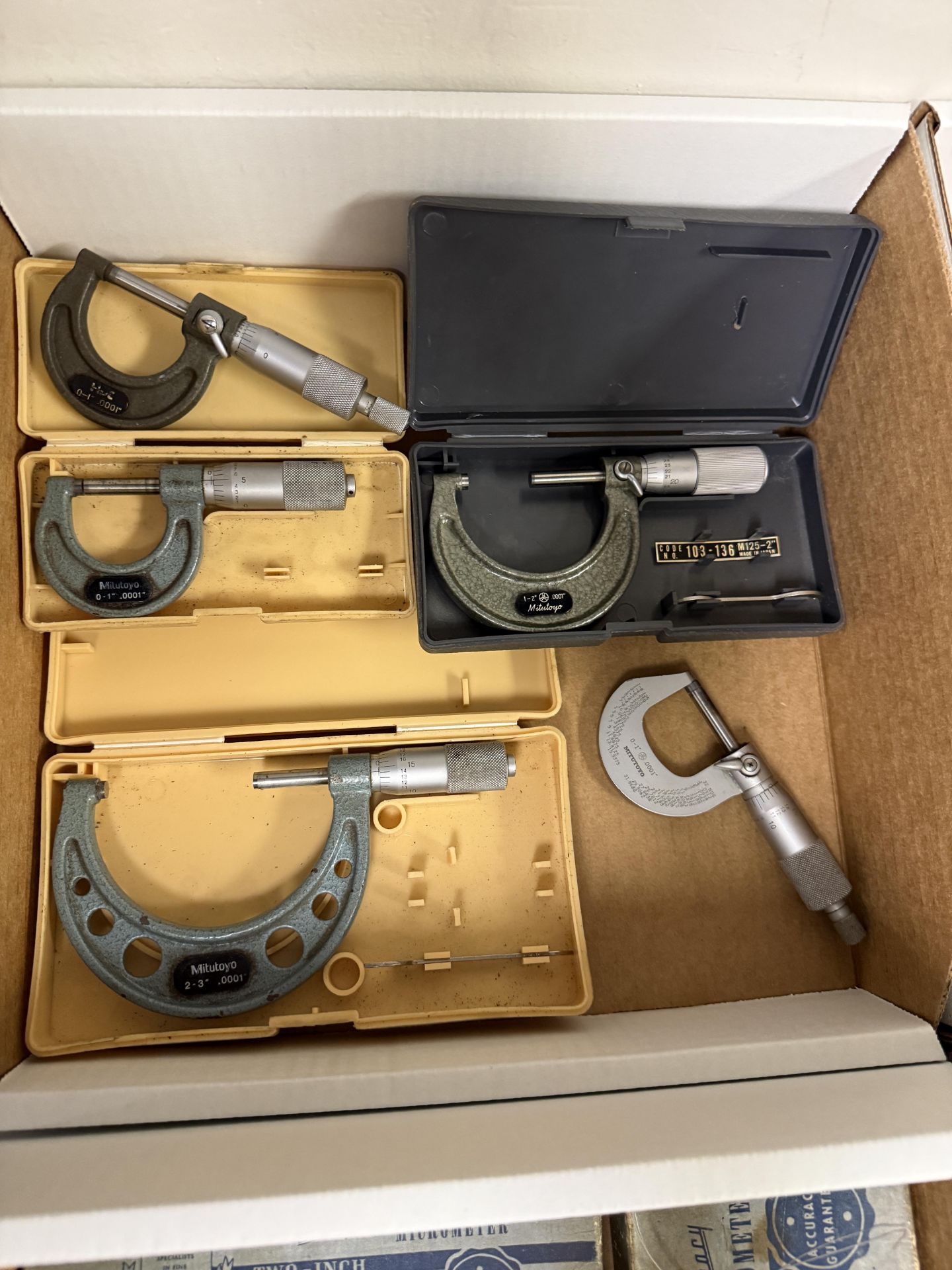 Box of Various Outside Micrometers (2) Mitutoyo 0-1" - .0001", Mitutoyo 1-2" - .0001", Mitutoyo 2-3"