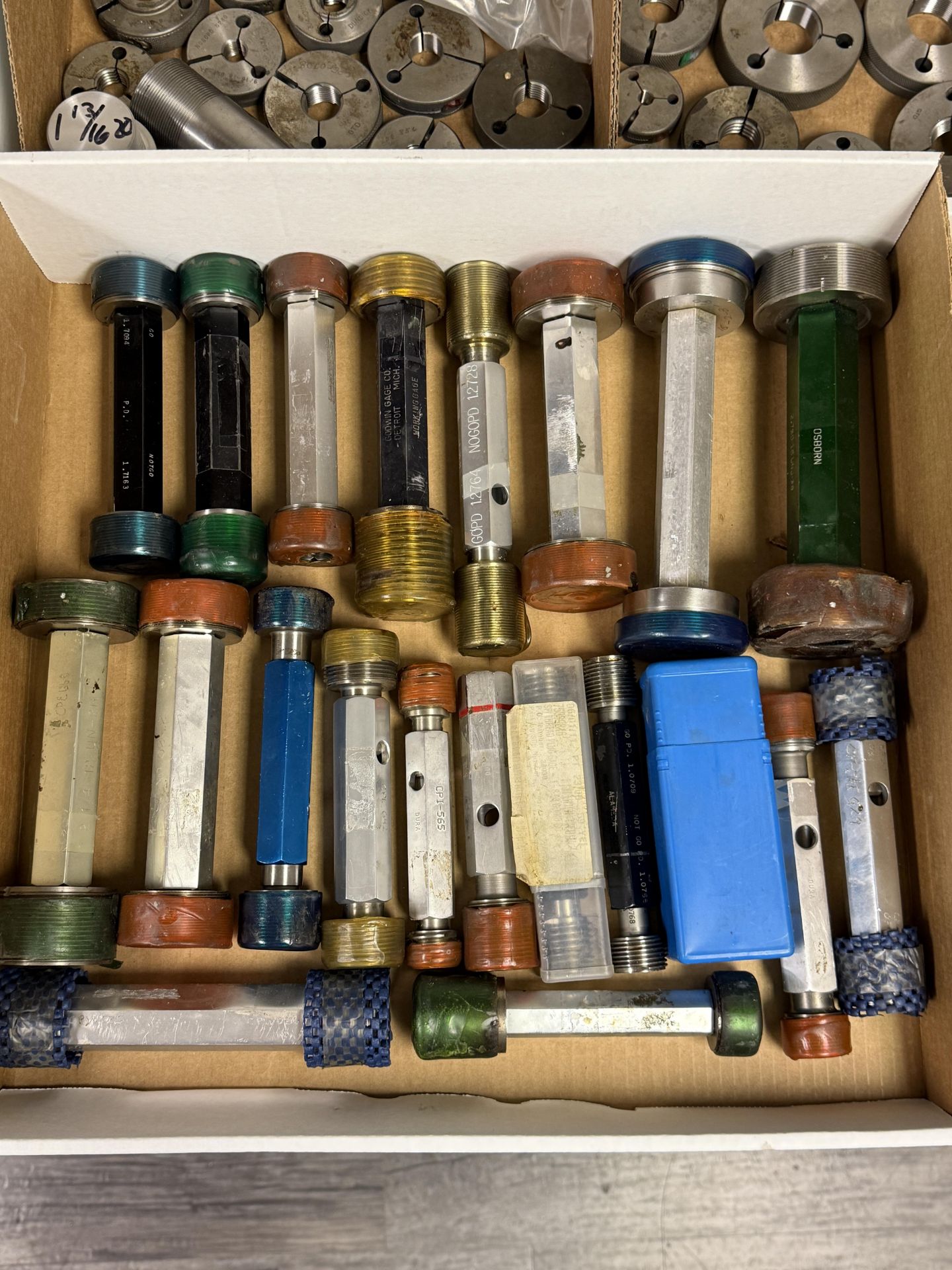 Box of Various Size Large to X-Large Threaded Plug Gages Go & No Go
