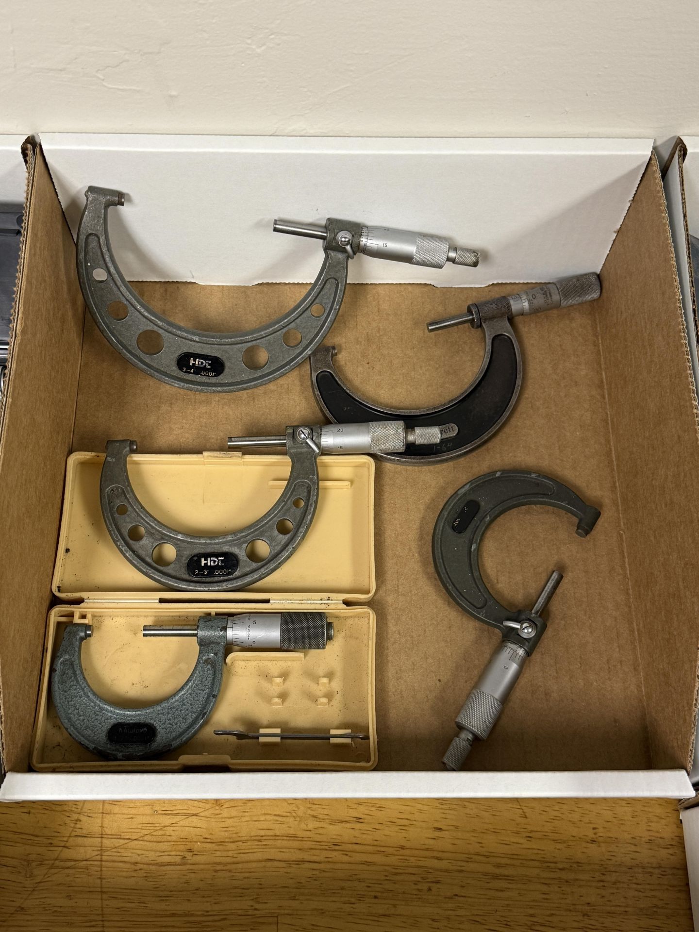 Box of Various Outside Micrometers (3) HDT 1-2", 2-3", 3-4", Starrett 2-3" & Mitutoyo 1-2"
