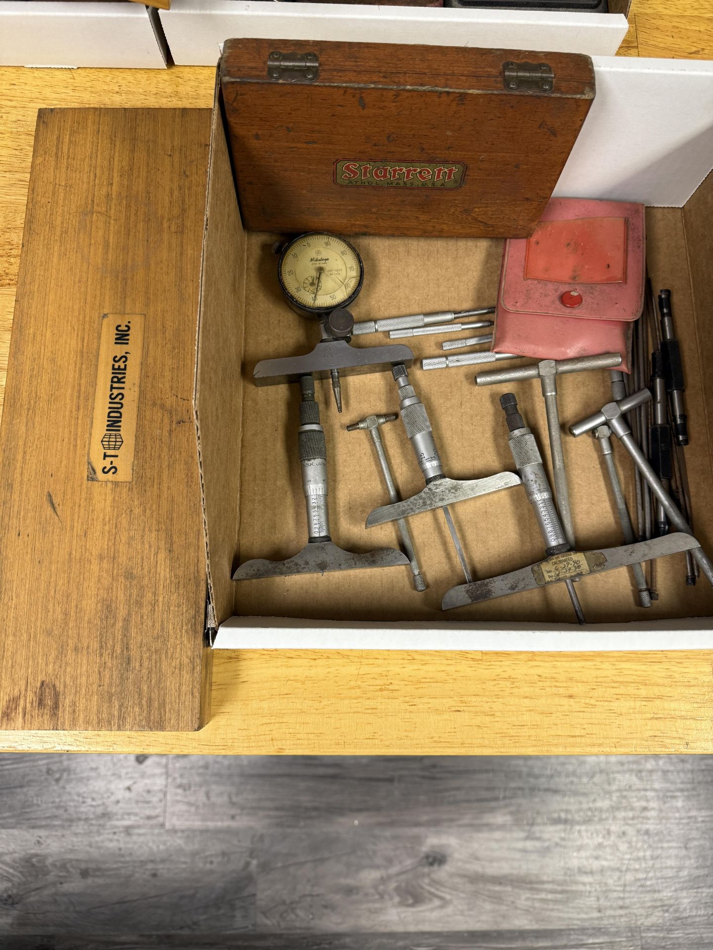 Box of Carious Size Depth Gages NSK, Starrett, Mitutoyo, ST Industries Inc With Mitutoyo Drop Dial