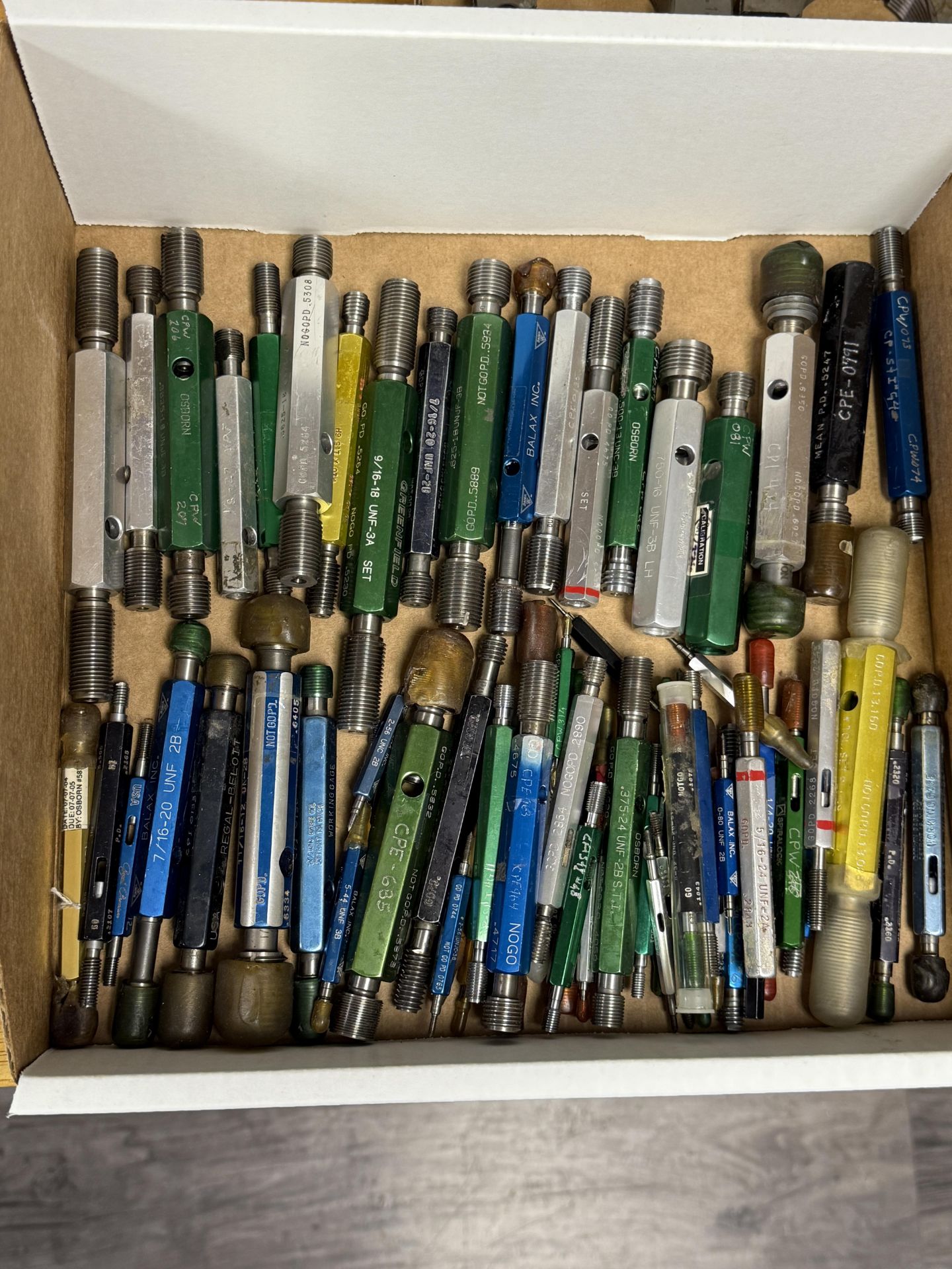 Box of Various Size Medium to Small Threaded Plug Gages Go & No Go