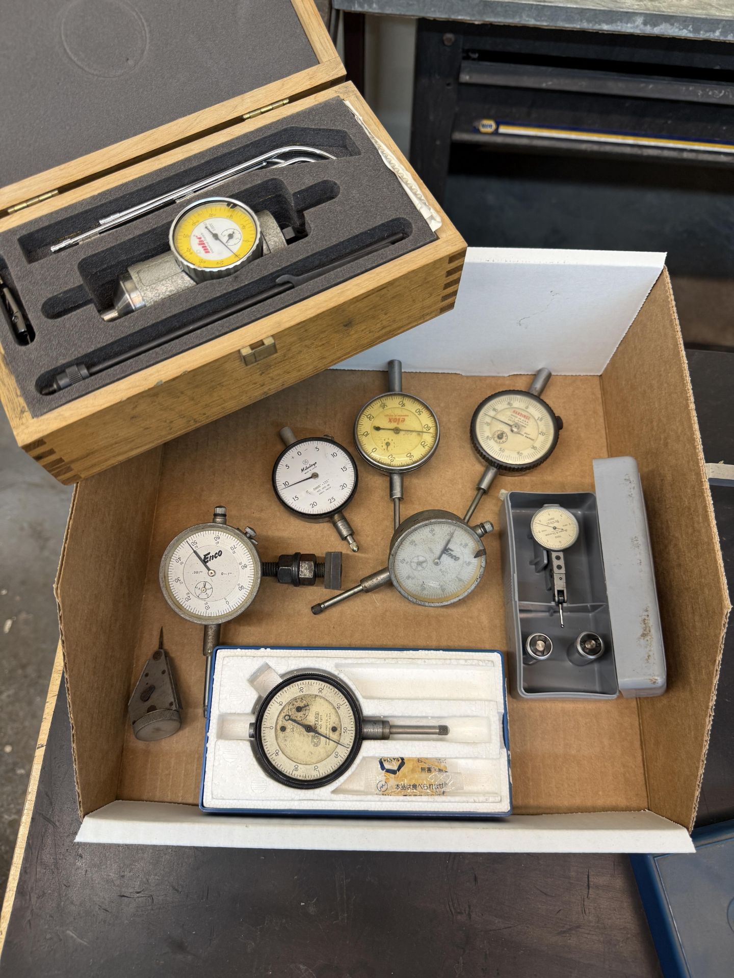 Box of Various Drop Dial Indicators, Mitutoyo, Enco, Hardinge, Elox, Yuasa, Bestest, Brown &