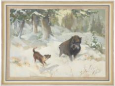 Jagdbild, Winterlandschaft mit Wildschwein