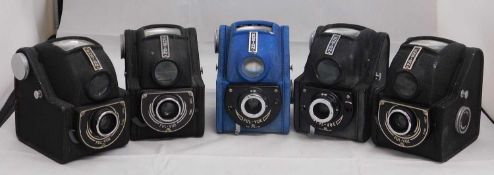Five Ensign Ful-View camera's, four black and one blue, (5)
