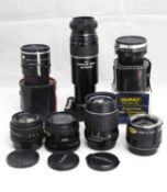 A quantity of lenses: to include an X-Fujinon f-50 no.492183; a Canon 50mm no. 293931 with filter; a