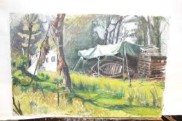 A set of four works on board, oil and acrylics including a farm at Reigate with hills ahead plus a