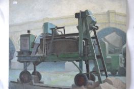 Attributed to Pauline Plummer, An industrial setting with machinery, oil on board, unsigned, 42