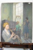 Attributed to Pauline Plummer, an interior scene with a trio of musicians, oil on canvas,