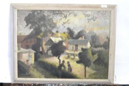 Pauline Plummer, a view over a garden and buildings with figures, oil on board in an impressionist