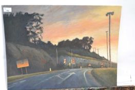 Pauline Plummer, a view of a motorway from drivers perspective, oil on board, signed and dated 1993,