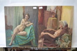 Attributed to Pauline Plummer, two life studies of female nudes in an interior setting, oils on