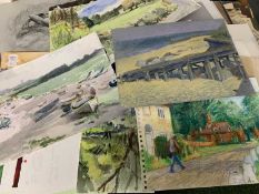 Folder of assorted watercolours and pastels, unframed, predominately landscapes/portrait studies