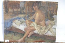 Pauline Plummer, an interior scene of a female nude reading, oil on board, bears indistinct