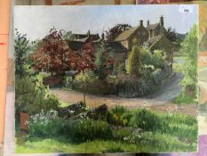 Pauline Plummer, a view over a picturesque village in Spring/Summer, oil on canvas, signed and dated
