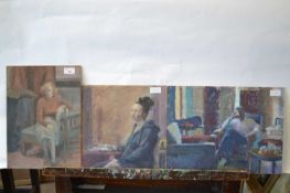 Attributed to Pauline Plummer, a group of four portrait studies in interior settings, mixed media on