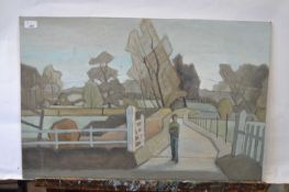 Attributed to Pauline Plummer, an abstract study depicting a young boy stood in a gateway with trees