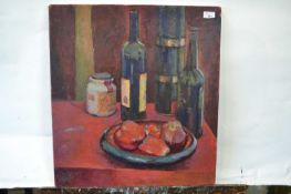 Attributed to Pauline Plummer, still life study of bottles of wine and apples on a table, oil on