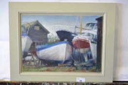 Pauline Plummer, study of moored boats, oil on board, signed, 35.5 x 25cm, framed