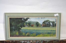 Pauline Plummer, a view over a country field to distant cottages, oil on board, signed and date