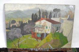 Pauline Plummer, a view over a landscape with mountainous ranges in the distance, oil on canvas,