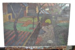 Attributed to Pauline Plummer, birdseye view over gardens, oil on canvas, indistinctly signed