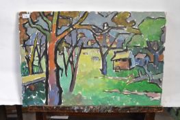 Attributed to Pauline Plummer, abstract study of a landscape with grazing cattle, acrylic on canvas,