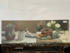 Pauline Plummer, four still life studies, oils on board, signed, one dated 2014, unframed, approx 38