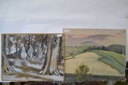 A group of five mixed media on board including a hilly landscape, Waylands Forge, Toledo Bridge,